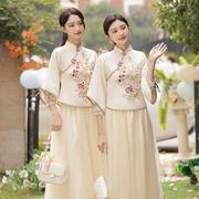 中式伴娘服女冬季2023汉服，姐妹装结婚礼服，小个子旗袍伴娘团裙