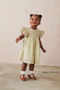 NEXT女童连衣裙 2024夏季灰绿刺绣褶皱飞袖纯棉儿童裙3月-8岁