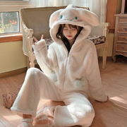 卡通可爱小白兔加绒加厚睡衣冬季女白色珊瑚绒连帽保暖家居服套装