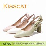 KISSCAT接吻猫2023粗跟后空蝴蝶结羊皮女凉鞋KA43105-16