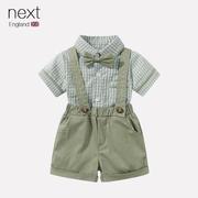 英国next儿童套装夏季男宝宝，英伦风格子衬衫，背带短裤领结花童礼服