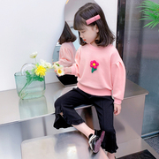 女童秋装卫衣套装洋气2023小童网红花朵喇叭裤两件套宝宝衣服
