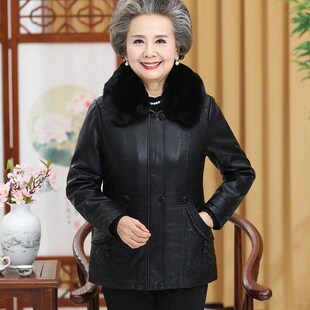 中老年人女装冬装棉袄，60-70岁80奶奶老人衣服pu短款加绒皮衣外套