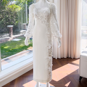 重工白色礼服婚礼气质优雅亮片绣花日常连衣裙长袖可拆卸吊带长裙