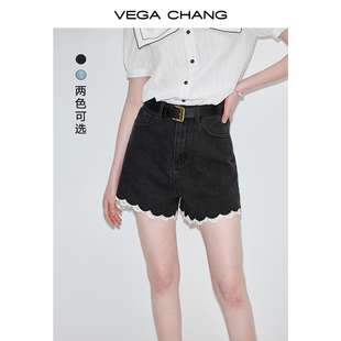 vegachang牛仔裤，女2024年夏季复古时髦设计感蕾丝花边短裤