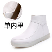 棉软底舒适白色短靴女加绒，保暖冬季工作鞋，鞋平跟真皮白色护士圆头