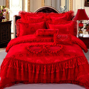 婚庆床组四件套纯棉蕾丝床罩w被套结婚床上用品六七八件套大红色
