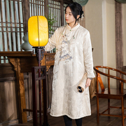 中式提花亚麻复古中国风连衣裙，中长款棉衣盘扣，冬季棉服刺绣花女装