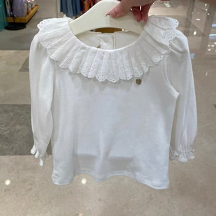韩国童装 秋女童宝纯棉刺绣百褶领长袖T恤 白色翻领打底衫