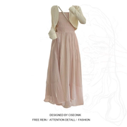 大码胖妹妹高级感粉色，吊带抹胸仙女连衣裙长裙，+薄款防晒开衫套装