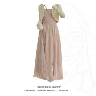大码胖妹妹高级感粉色吊带，抹胸仙女连衣裙，长裙+薄款防晒开衫套装