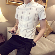 夏季男士细条纹短袖衬衫，修身韩版时尚，寸衣半截袖休闲潮流薄款