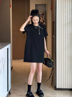 欧货2024夏黑色(夏黑色)太空棉，t恤连衣裙女小众，设计感宽松中长款裙子