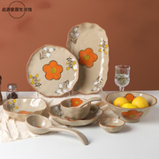 冰裂釉中式碗碟套装家用陶瓷，米饭碗创意，梅花复古餐具平盘深盘汤碗
