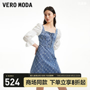 Vero Moda连衣裙2024春夏方领拼接泡泡袖牛仔玫瑰花浪漫少女