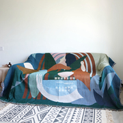 北欧抽象地中海棉麻风全包组合沙发套罩巾装饰加大盖布装饰线挂毯
