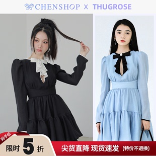 chenshop设计师品牌thugrose时尚，简约撞色束腰，复古连衣裙新