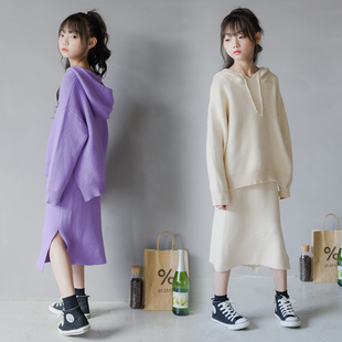 20秋冬韩版女童套装毛衣针织，休闲套装中大童带帽，卫衣针织裙两件套