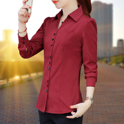 酒红色衬衫女长袖，2023春季百搭修身工作服职业装气质加绒衬衣