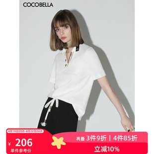 cocobella撞色拼接翻领polo衫女夏休闲(夏休闲)白色短袖t恤上衣ts517