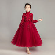女童长袖公主礼服红色长裙蓬蓬，纱主持生日，儿童婚纱裙钢琴演出秋冬