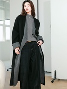 设计师 XANDRA 时尚休闲黑灰色v领假两件羊绒双面呢大衣