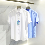 白色短袖衬衫男夏薄款2023高端商务长绒棉蓝衬衣职业正装8079