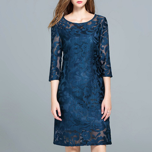 欧美出口高端大码女装，长袖蓝色欧根纱重工蕾丝连衣裙2024春季