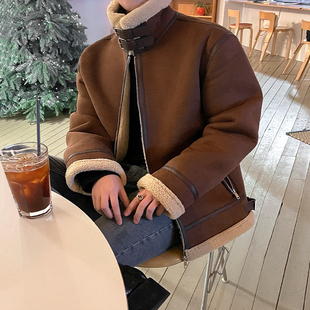 mrcyc羊羔毛皮衣(毛皮衣)外套，男冬季韩版皮毛一体立领夹克麂皮绒加厚棉服