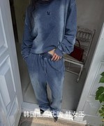 LA VIE 韩国2023秋装女时尚水洗磨白圆领长袖卫衣+休闲裤套装