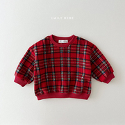 龙凤妈妈韩国童装 男女童红色格子毛绒卫衣T恤 新年2023冬款D124