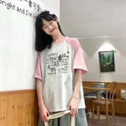 小雨良品日系粉色，插肩袖纯棉宽松短袖t恤女2024夏季韩系上衣