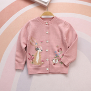 绒花糖 儿童羊绒衫卡通刺绣毛衣女童圆领小宝宝加厚针织开衫外套