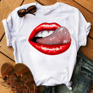 Red Lips Print T-shirt时尚欧美钻石嘴唇卡通印花T恤圆领女短袖