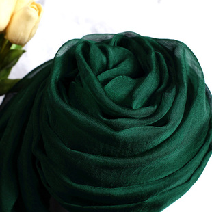 韩国丝巾真丝长款百搭围巾，女柔软纯色，春秋冬桑蚕丝墨绿色披肩