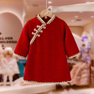 女童拜年服秋冬季2024中国风，宝宝加绒唐装，红色裙子儿童旗袍连衣裙