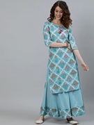 印度进口女装纯棉印花服饰，民族风印巴套装，2件套浅蓝色3021