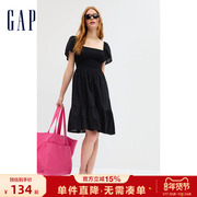 Gap女装夏季纯棉修身高腰方领法式短袖连衣裙气质长裙559406