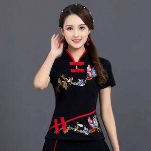 刺绣花短袖T恤棉t立领盘扣民族风女装修身上衣拼接中国风夏季