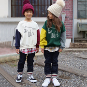 韩国进口秋冬儿童假两件纯棉加绒加厚小狼卫衣收口牛仔长裤毛线帽