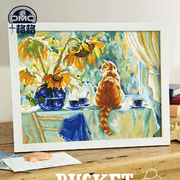 精准印花dmc十字绣创意抽象动物，花卉客厅挂画油画猫与向日葵