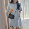 韩系chic夏季小香风气质圆领，多口袋宽松休闲直筒短袖小个子连衣裙