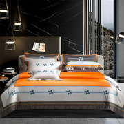 欧式奢华贡缎床上用品四件套轻奢别墅，样板间全纯棉橙色被套十件套