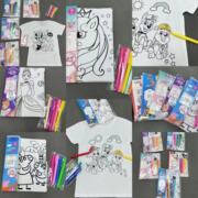 外单男童女童卡通公主小动物多款短袖上衣T恤配5只彩笔手绘两件套