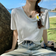 竹节棉短袖T恤女夏季宽松2024年V领棉麻白色体恤冰丝薄款上衣
