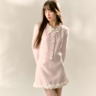 RECIT原创设计 浅粉色细闪小香风套装女春季蝴蝶结千金两件套裙装