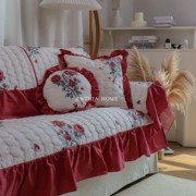 复古小玫瑰裙摆沙发垫大红纯棉法式坐垫结婚喜庆防滑北欧简约欧式