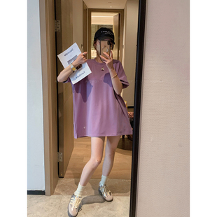 爱情魔鬼鱼 紫色短袖圆领T恤女夏季2024韩版宽松显瘦纯色上衣