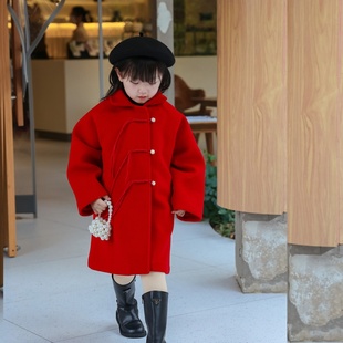女童复古盘扣加棉尼大衣2023冬装年服宝宝大红色外套儿童保暖大衣