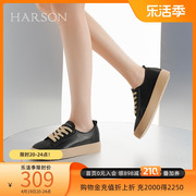 哈森真皮鞋子女夏季黑色平底皮鞋秋季法式单鞋HWC230210